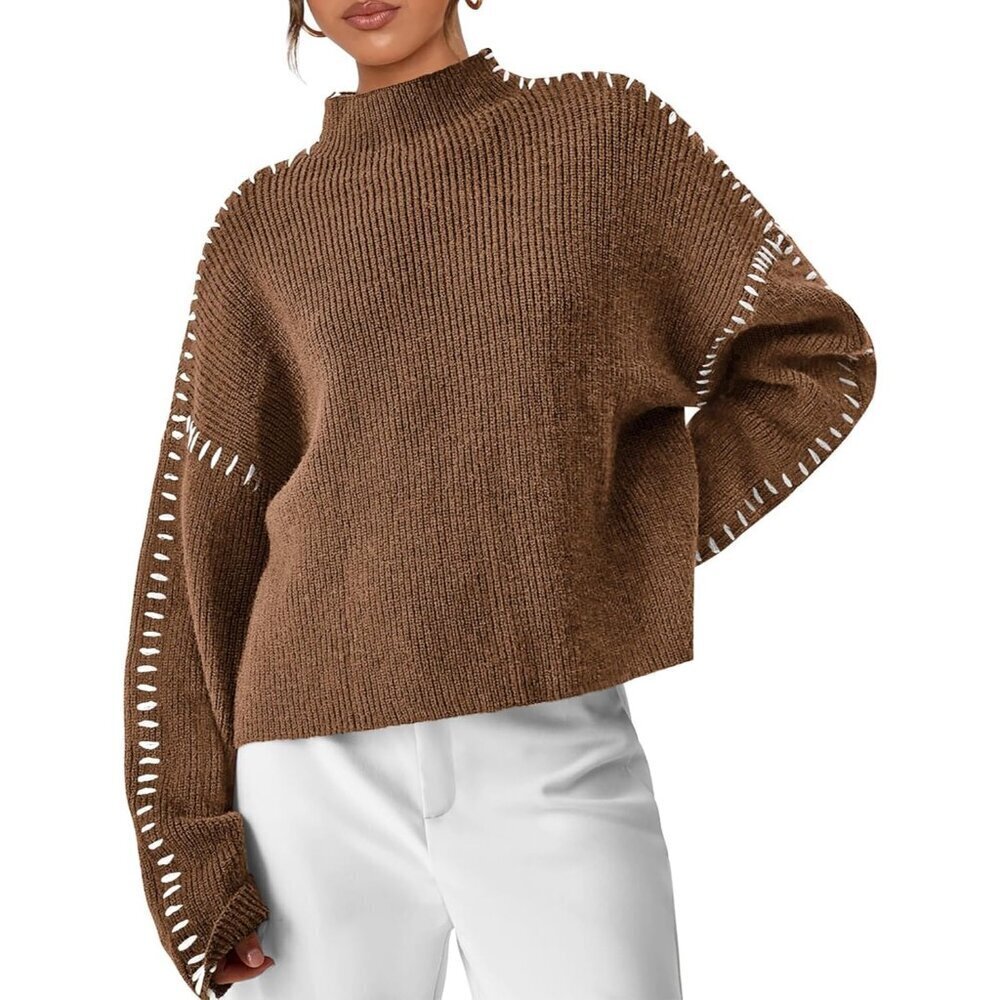 Prettygarden Women's Khaki Fall Long Sleeve Mock Neck Oversized Chunky Sweaters